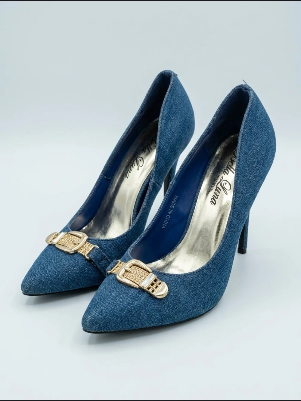 Denim Pointed Toe High Heels with Gold Buckle